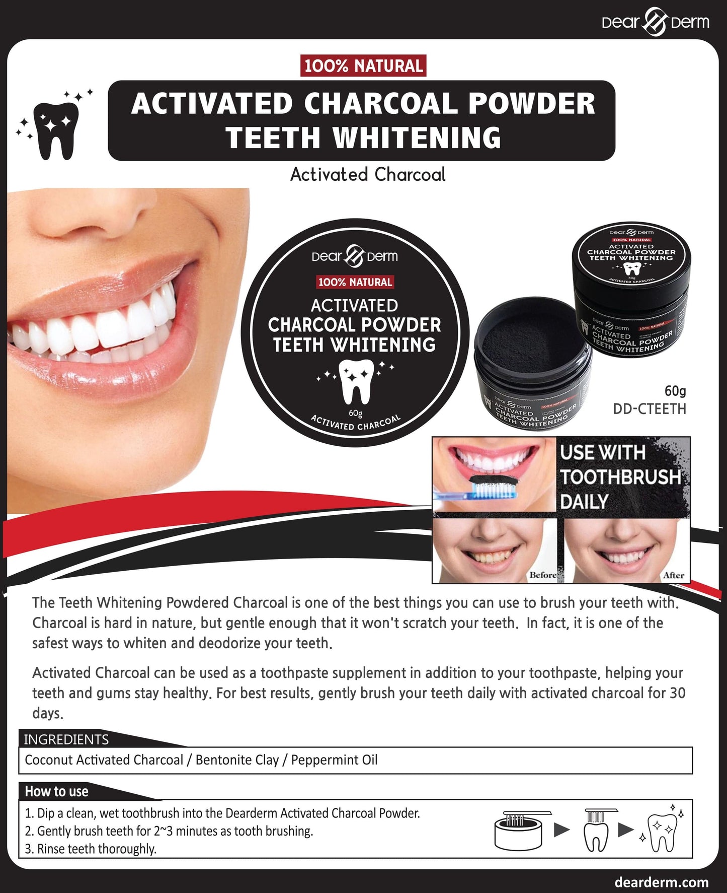 DEARDERM 100% Natural Activated Charcoal Powder Teeth Whitening